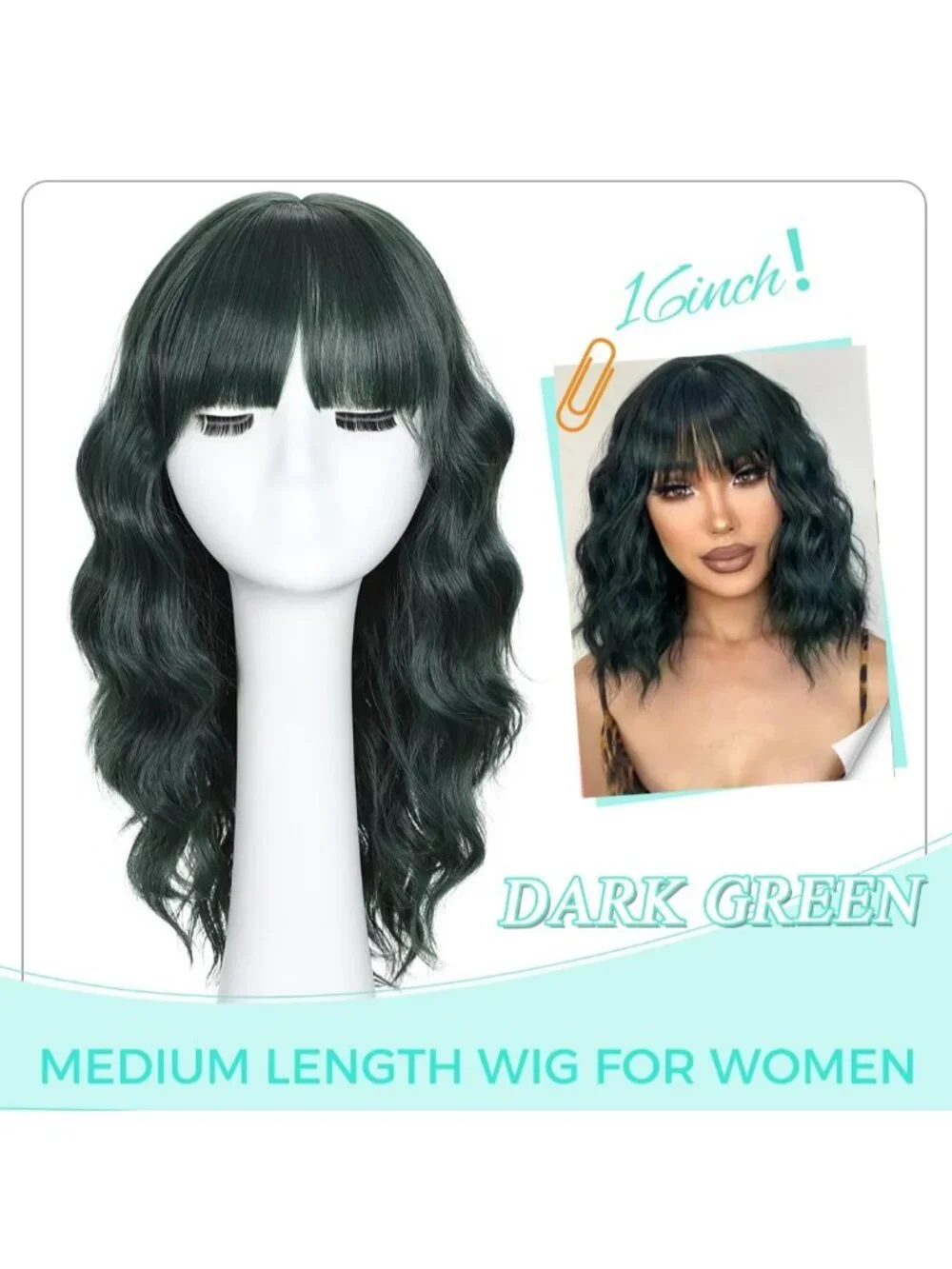 Women's Dark Green 16 Inch Wavy Wig Bangs Shoulder Length Synthetic Hair